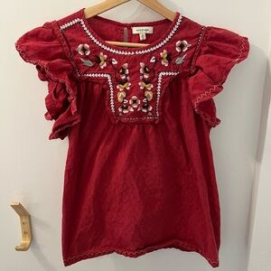Max Studio Red Embroidered Ruffle Sleeve Floral Cotton Blouse